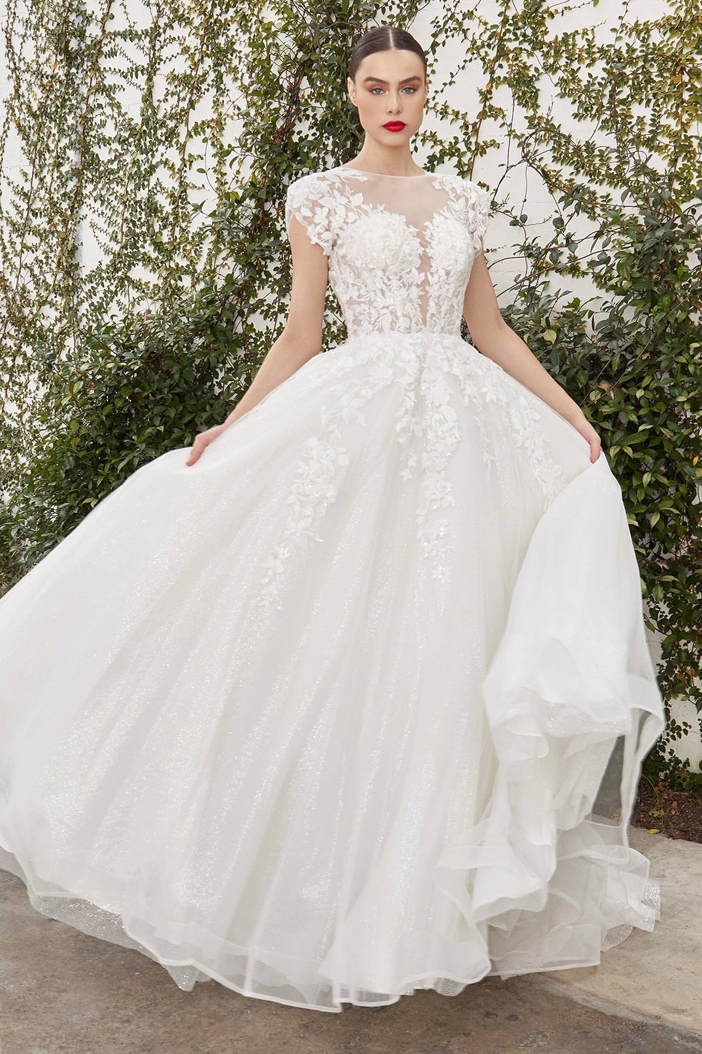 CATHERINE CAP SLEEVE LACE BALL GOWN: Off-White / 8