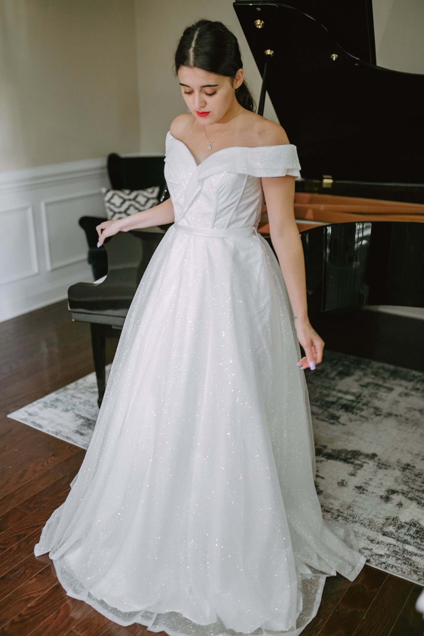 The Dinah Dress- A-Line Off the shoulder Floor Length Sequin Dress
