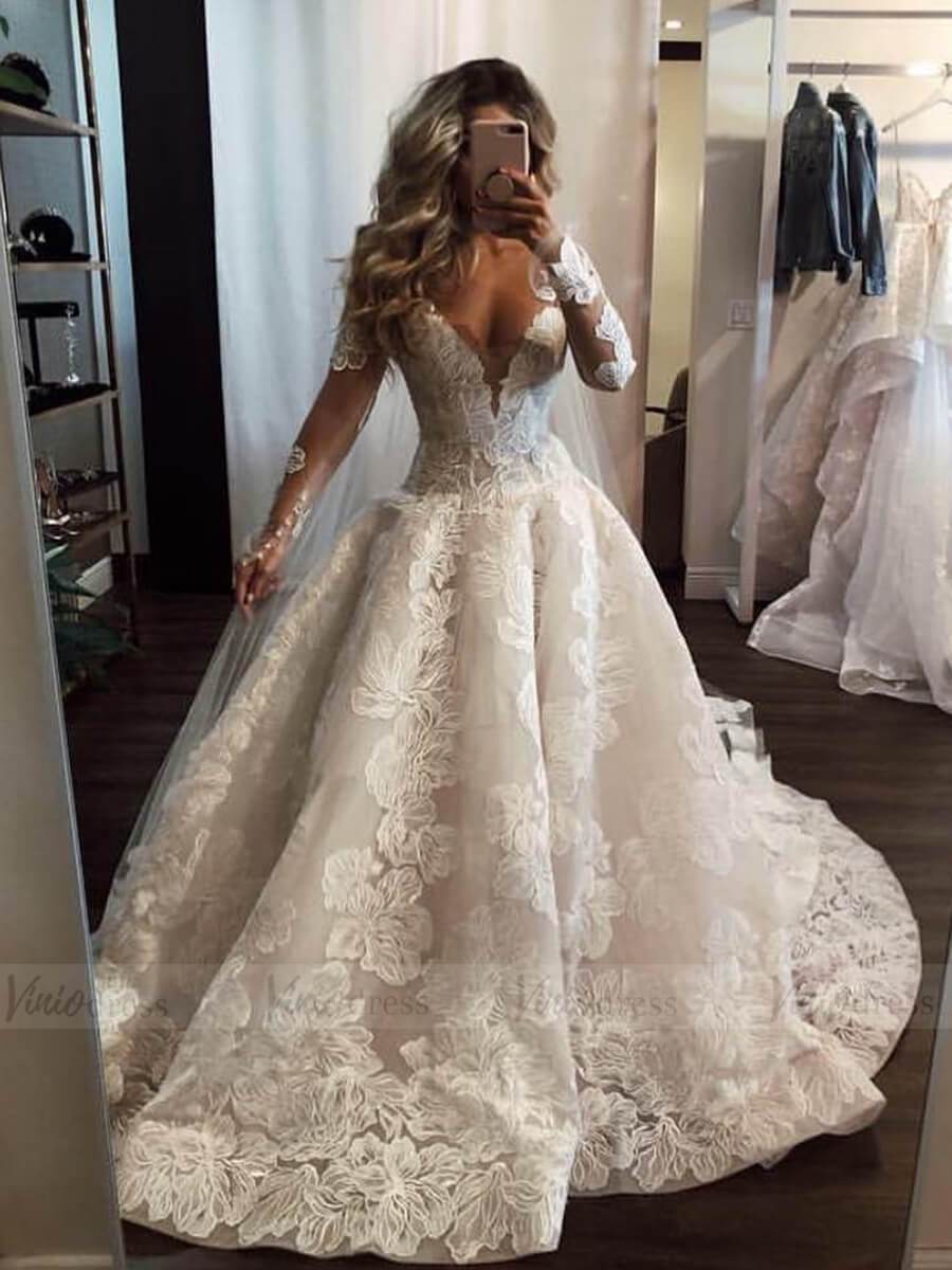 The Willow Dress-Luxury Beaded Lace Long Sleeve Champagne Wedding Dress