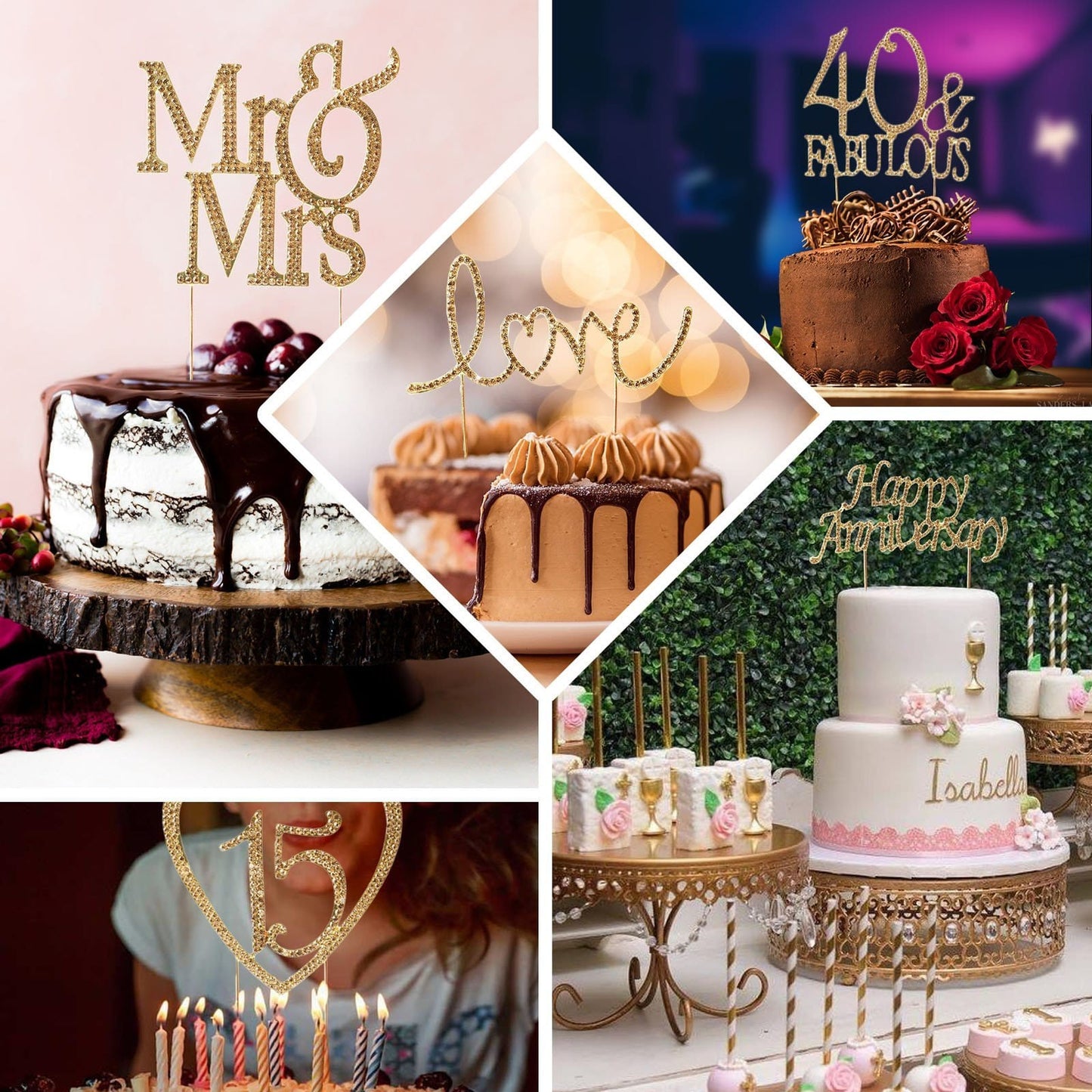 8" Mr & Mrs Gold Rhinestone Cake Topper