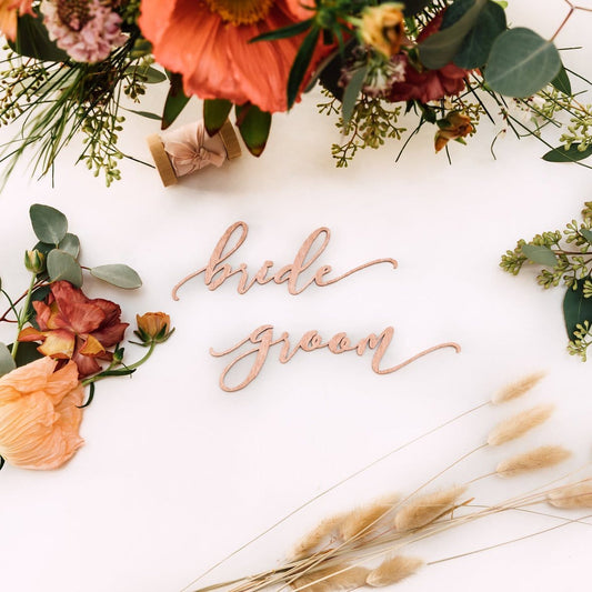 Modern Bride & Groom Place Cards, Wood