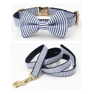Blue Stripe dog bowtie collar & Lease