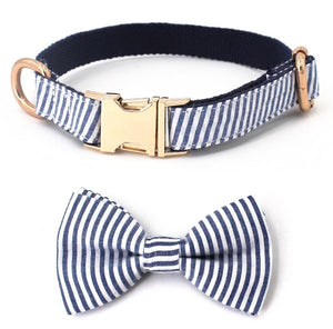Blue Stripe dog bowtie collar & Lease
